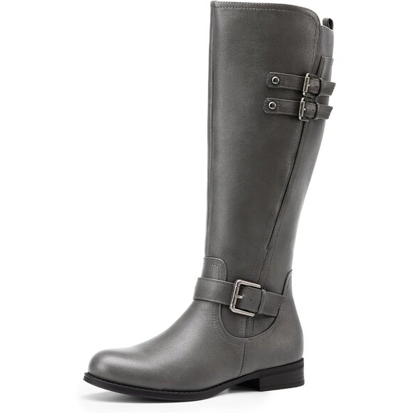 Women's Faux Leather Grey Knee High Buckle Chunky Heel Flat Riding Pirate Boots - Picture 1 of 7